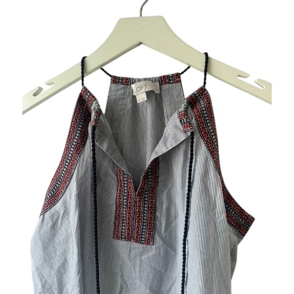 Ann Taylor LOFT Blue Stripe Embroidered Trim Sleeveless Top Sz Small Petite SP - Picture 2 of 6